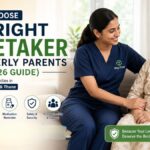 Professional caretaker assisting an elderly parent at home in Mumbai.